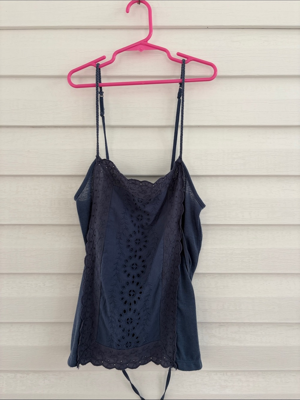American Eagle Blue Eyelet Lace Cami Tank Top S Y2K Boho Tie Linen Cotton